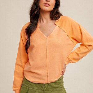 HEM  & THREAD Orange V-Neck Long Sleeve Top, Soft Lightweight Pullover, Casual